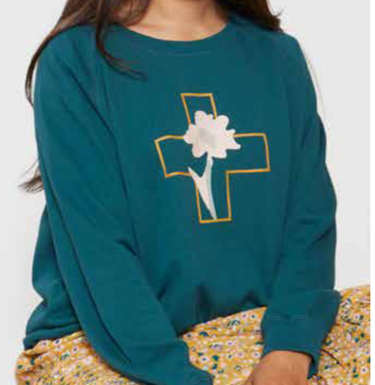 8039 Jade with blush flower and gold cross sweatshirt